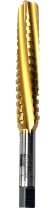 Gold-colored spiral flute roughing end mill cutter on a white background.