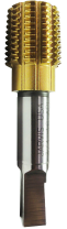 Gold-colored threaded metal tap tool with a square shank for machining, isolated against a white background.