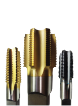 Three industrial metal threading taps of different sizes and coatings arranged against a white background.