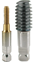 Two different sizes of metal screw-type drill bits with hexagonal shanks against a white background.