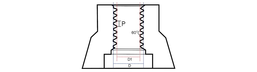 Technical drawing of a metric screw thread profile showing pitch (P), thread angle (60°), and major (D) and minor (D1) diameters.