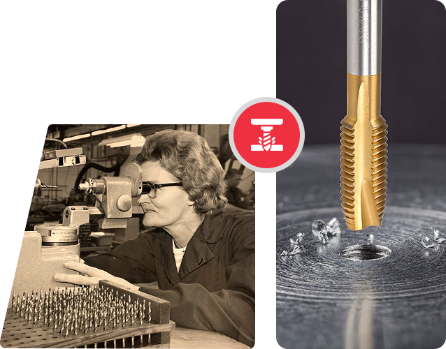 A sepia-toned historical photo of a woman using a machine, contrasted with a modern gold-colored industrial tap tool.