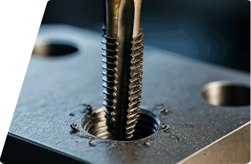 Metal screw tap machining a threaded hole in a steel block.
