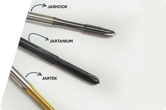Three industrial metal taps labeled JARHOOK (silver), JARTANIUM (black), and JARTEK (gold) against a white background.