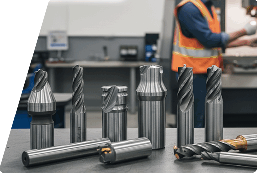 Various metal milling cutters and drill bits arranged on a workshop bench with a worker in the background.