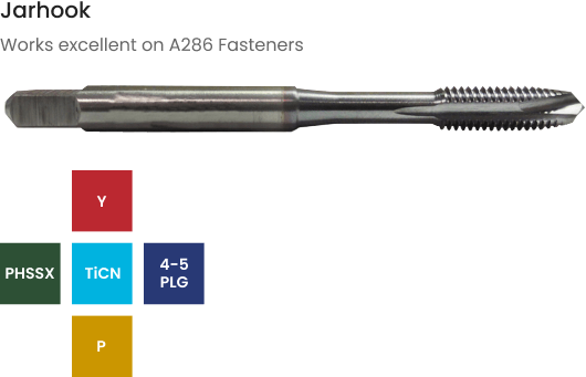 Jarhook metal tap with specification tiles: PHSSX, TiCN coating, 4-5 PLG, and Y/P designations for A286 fasteners.