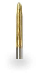 Gold-colored metal drill tap with spiral flutes for cutting internal screw threads.