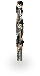 Metal drill bit with helical flutes, standing upright against a white background.