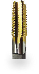 Gold-colored spiral point machine tap for cutting internal screw threads.
