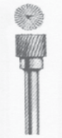Line drawing of a cylindrical dental or machine bur with a knurled head and a top-down view of the cutting surface.