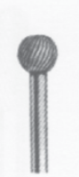 A spherical dental burr with fluted cutting edges on a straight metal shaft.