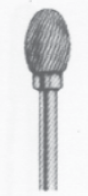 Oval-shaped dental or rotary burr tool with a fluted cutting head and metal shank.