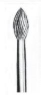 Egg-shaped carbide burr or rotary file bit with a spiral fluted head and smooth shank.
