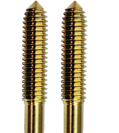Two identical gold-colored metal threaded studs with pointed tips arranged vertically side-by-side.