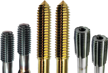 Six industrial metal taps with various thread profiles and finishes arranged in a row against a white background.