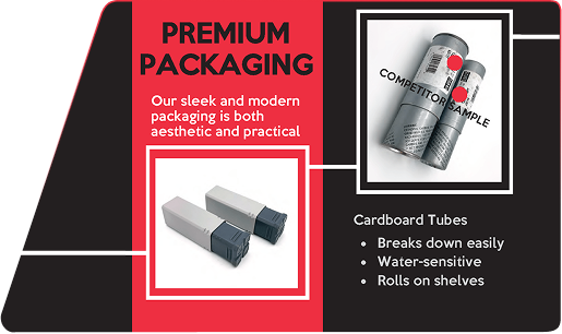 Premium packaging marketing graphic comparing sleek rectangular containers with inferior competitor cardboard tubes.
