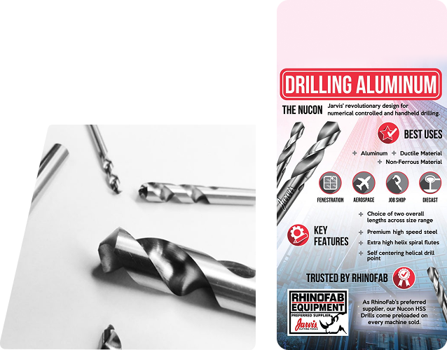 Jarvis Nucon drill bits for aluminum with key features, best uses, and RhinoFab endorsement.