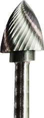 Pointed, carbide rotary burr bit with spiral flutes for grinding and metalworking.
