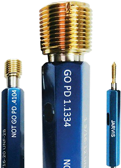 Three blue-handled precision thread plug gauges with brass threaded ends, labeled with specifications and "Jarvis" branding.