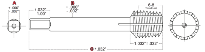 Technical drawing of a machining tap with labeled dimensions and tolerances, including side and end views.