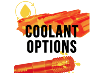 Coolant Options text graphic featuring industrial taps with coolant droplet icons.