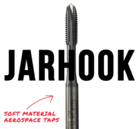 JARHOOK brand logo featuring a metal thread tap tool for soft material aerospace applications.
