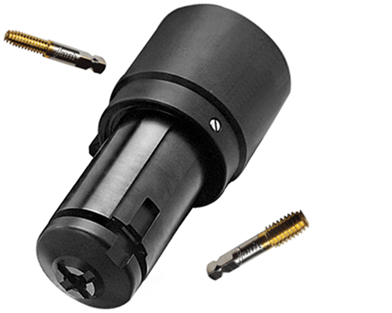 Black industrial collet chuck with two gold-colored metal taps floating on a white background.